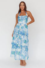 Seascape Halterneck Layered Maxi Dress Floral Blue