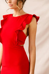 Jackie Wide Ruffle Hem Pinafore Midi Dress Red