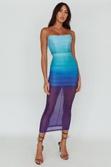 Logan Strapless Ruched Midi Dress Gradient Blue
