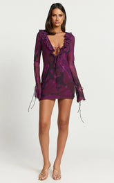 Alesya Mini Dress Ruffle Plunge Neck Long Sleeve Tie Detail Dress in Royal Adeana