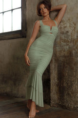 Nadia Ruched Fishtail Maxi Dress Pistachio