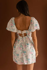 Lovers Lane Lace Trim Puff Sleeve Dress Floral Apricot