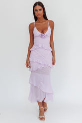 Marlie Frill Trim Rosette Maxi Dress Lilac