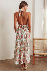 Love Bomb Pintuck Pleat Halterneck Maxi Dress Floral Pink