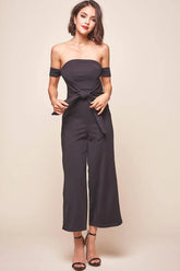 Joan Off Shoulder Waist Tie Wide Leg Jumpsuit Black