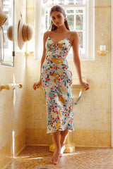 Lake Como Fitted Bodice Cami Strap Midi Dress Floral Paint Green