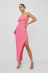 October Strapless Piping Midi Dress Hot Pink