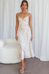 Lake Como Fitted Bodice Cami Strap Midi Dress Orchid Print Beige