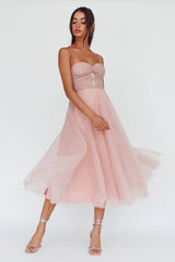 Smitten Lace Insert Tulle Midi Dress Blush