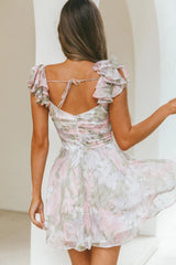 Lola Ruffle Shoulder Ruched Dress Watercolor Floral Pink Multi