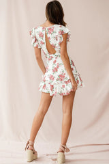 Love Letter Ruffle Sleeve Waist Tie Dress Floral Print White
