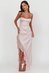 Katarina Satin Ruffle Hem Maxi Dress Cheek