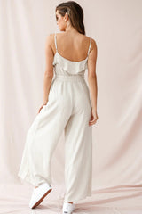 Mason Ruffle Neckline Wooden Buckle Belt Jumpsuit Natural