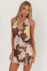 Joa Halterneck Mini Dress Floral Brown