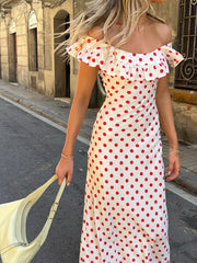Semi-Sheer Polka Dot Ruffle Hem Off-Shoulder Long Dress