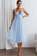 Surreal Lace-Up Back Tulle Midi Dress Blue