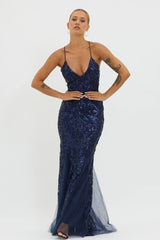 Serenade Song Godet Hem Sequin Maxi Dress Navy