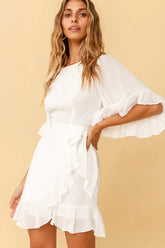Make It Happen Flared Sleeve Ruffle Trim Dress White
