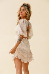 She Knows Puff Sleeve Ruffle Trim Dress Botanic Print Nude