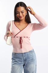 Pink Knit Top Long Sleeve Wrap Front Contrast Ribbon