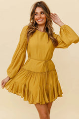 Rosabel Balloon Sleeve Fluted Hem Dress Mustard