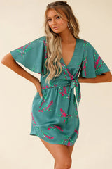 Stealing Hearts Flutter Sleeve Wrap Front Dress Floral Print Olive