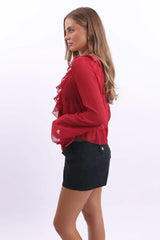 Red Tie Up Top Long Sleeve V Neck Frilled Romantic