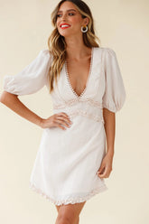 Meant To Be Puff Sleeve Frill Detail Dress Beige