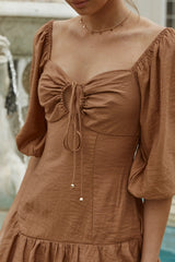 Summertime String-Tie Halterneck Puff Sleeve Mini Dress Mocha