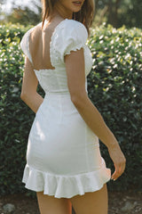 Heaven Sent Ruched Bust Puff Sleeve Dress White