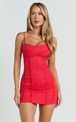 Sweetheart Tie Back Scallop Detail Dress in Red Showpo Exclusive