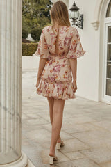 Leona Half Sleeve Frill Trim Dress Lily Print Beige