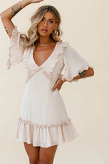 Halo V-Neckline Frill Detail Dress Nude