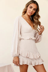 Queenie Long Balloon Sleeve Ruffle Trim Dress Beige