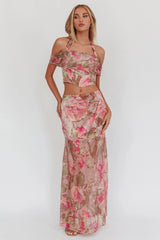 Sunset High Sheer Hem Maxi Skirt Floral Blush