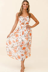 Los Feliz Tied Bust Halterneck Midi Dress Floral Print Orange