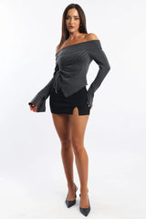 Grey Off Shoulder Top Long Sleeve Ruched