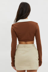 Mic Drop Collared Crop Top Chocolate