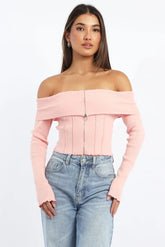 Pink Knit Top Long Sleeve Off Shoulder Zip Front
