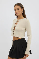 Beige Tie Up Knit Cardigan