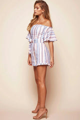 Terri Bardot Neckline Waist Tie Romper Blue/Orange