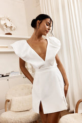 Liardon Bubble Sleeve V-Neckline Mini Dress White
