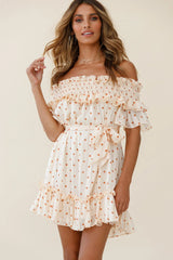Rita Shirred Off-Shoulder Dress Polka Dot Print Beige
