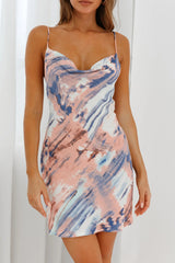 Show Me Love Cowl Neck Mini Dress Paint Print Blue Multi
