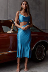 Sicily Asymmetrical Cowl Neckline Midi Dress Blue