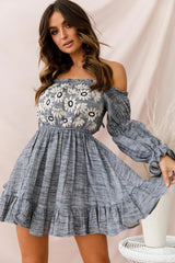Kayla Off-Shoulder Daisy Embroidered Dress Blue