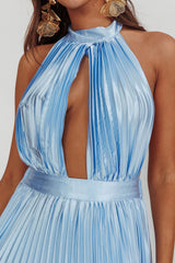 Monarch Pleated Satin Maxi Dress Light Blue