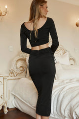Your Muse Long Sleeve Drawstring Bust Crop Top Black