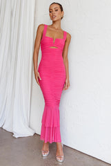 Nadia Ruched Fishtail Maxi Dress Hot Pink