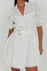 Serita Belted Puff Sleeve Eyelet Mini Dress White
